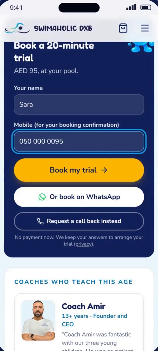 Booking a 20-minute Swimaholic trial for AED 95 on a phone, with the coach who teaches that age shown underneath