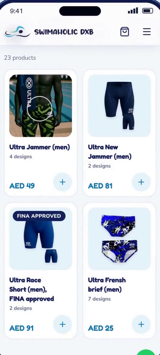 The Swimaholic Ultra shop on a phone, showing swim gear priced in AED
